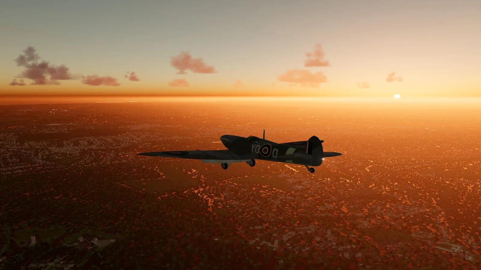 AeroVista: a Spitfire flying over London at sunset, the city glowing orange below.