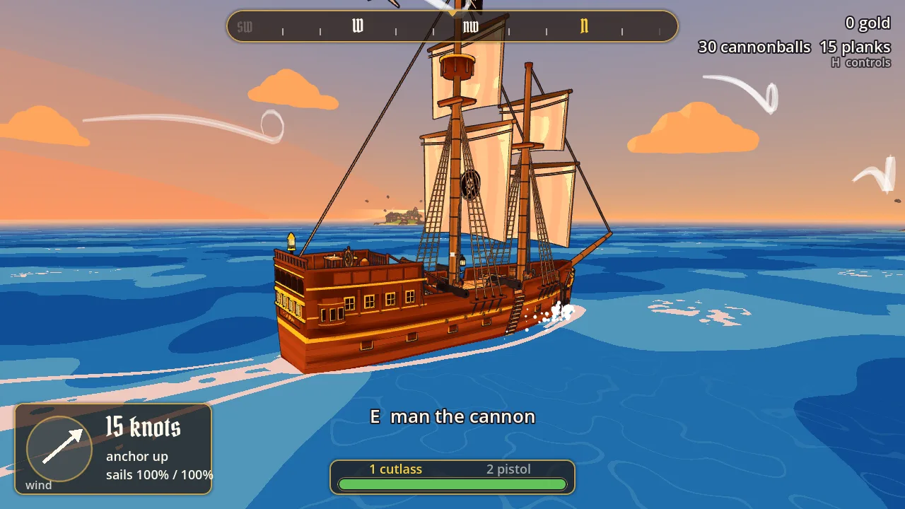 Sea of Slop: a toon galleon under full sail on a blue sea at sunset.