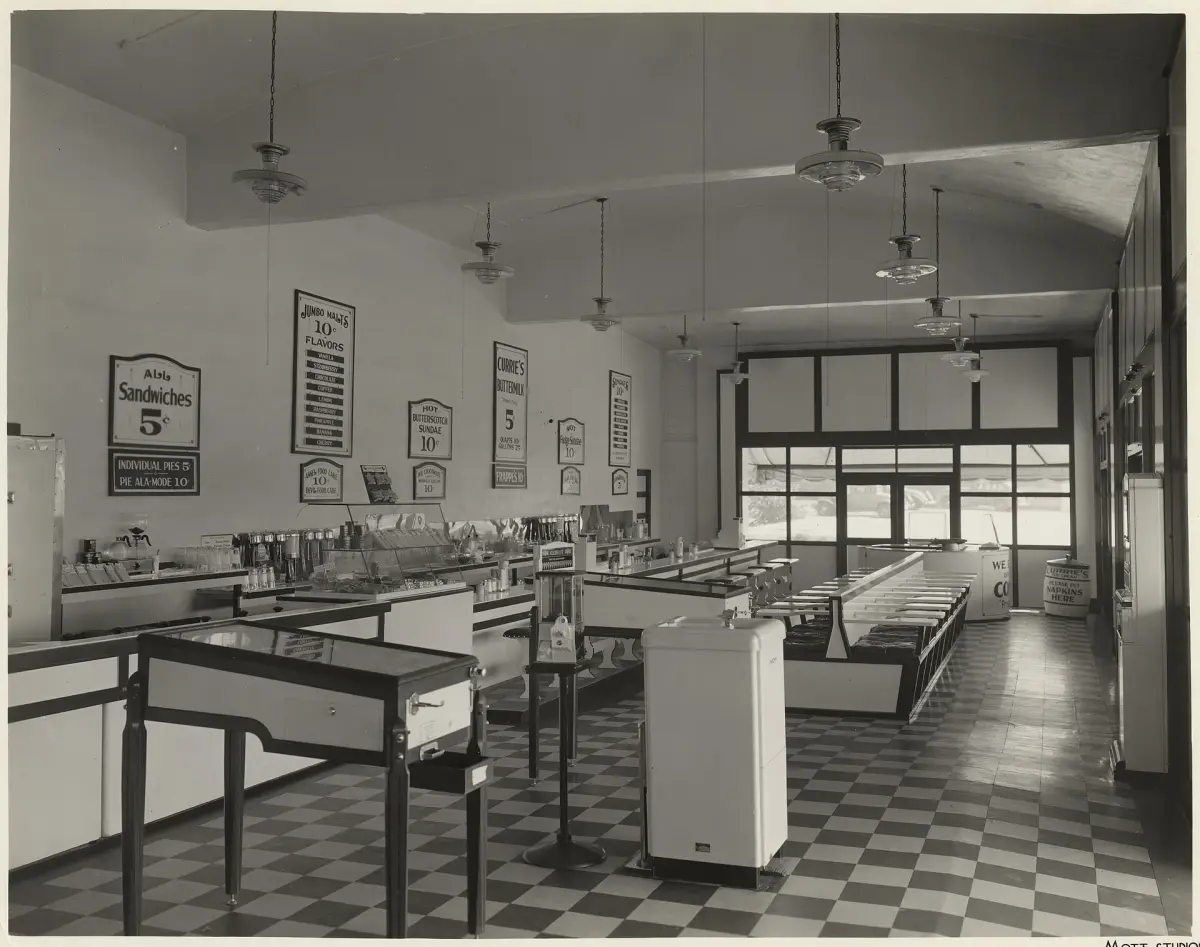 Pinball machines lined up in an ice cream shop in Los Angeles in the 1930s.