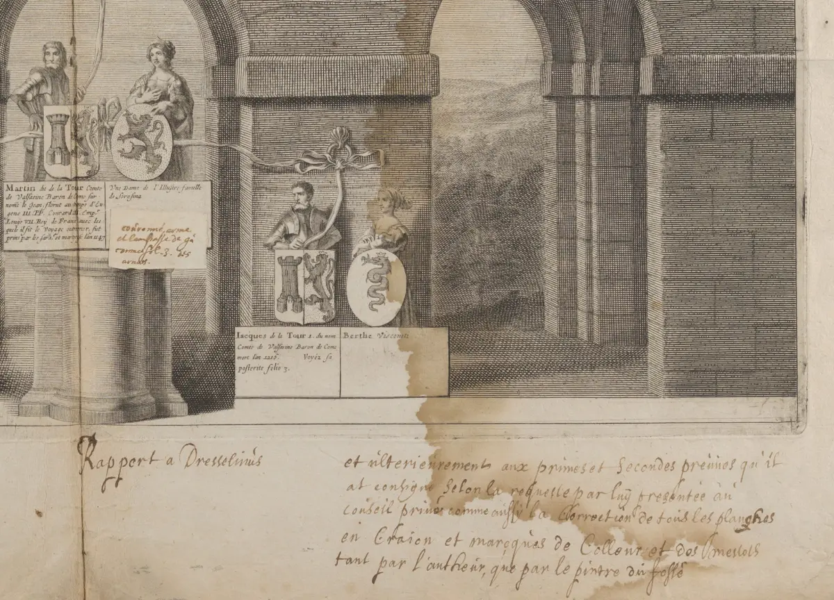 Detail of an engraved proof from the 1600s with handwritten corrections pasted on and written beneath it.
